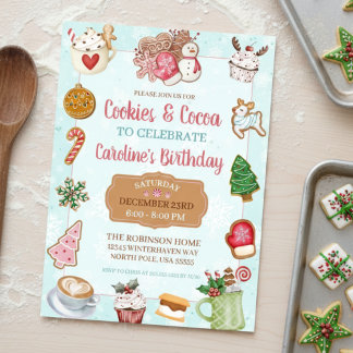 Pink and Aqua Christmas Cookies and Cocoa Birthday Einladung