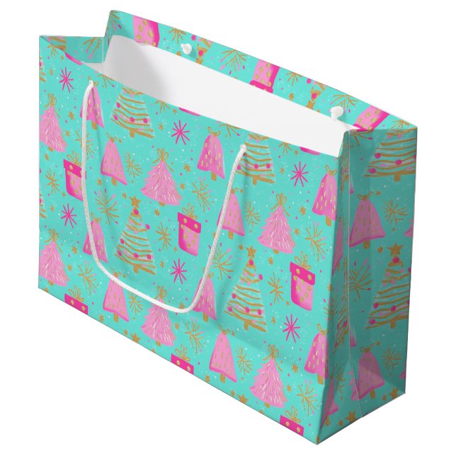 Pink and Aqua Festive Christmas  Große Geschenktüte (Vorderseite Schrägansicht)