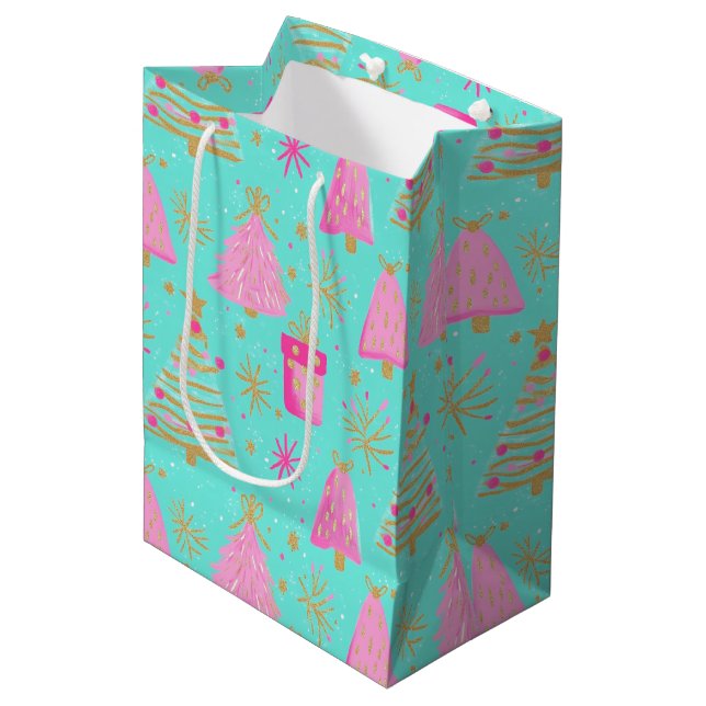 Pink and Aqua Festive Christmas  Mittlere Geschenktüte (Vorderseite Schrägansicht)