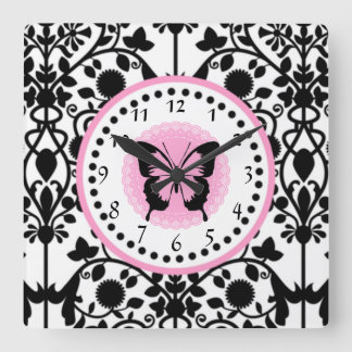 Pink and Black Butterfly clock Quadratische Wanduhr