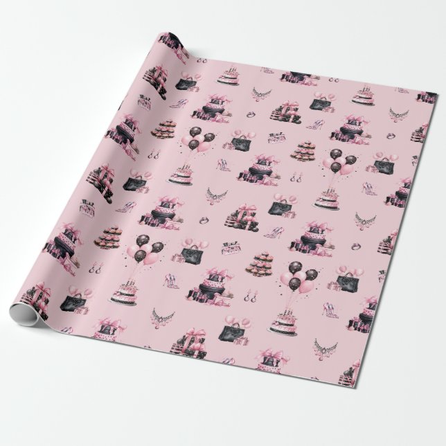 Pink and Black Couture Fashion Birthday Pattern Geschenkpapier (Ungerollt)