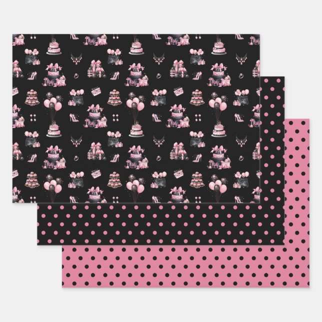 Pink and Black Couture Fashion Birthday Pattern Geschenkpapier Set (Set)