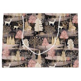 Pink and Black Elegant Snowy Deer Forest Große Geschenktüte