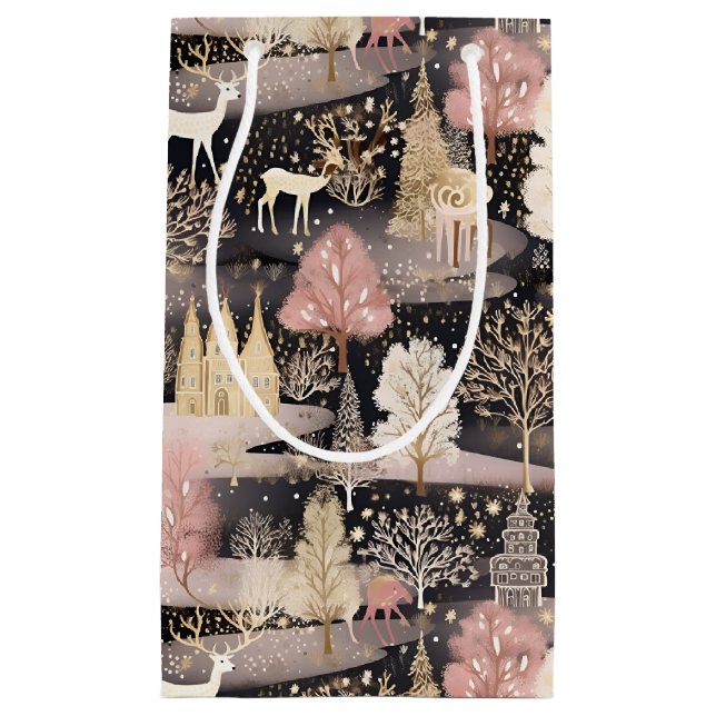 Pink and Black Elegant Snowy Deer Forest Kleine Geschenktüte (Vorderseite)