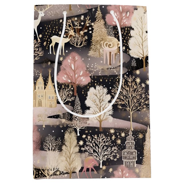 Pink and Black Elegant Snowy Deer Forest Mittlere Geschenktüte (Vorderseite)