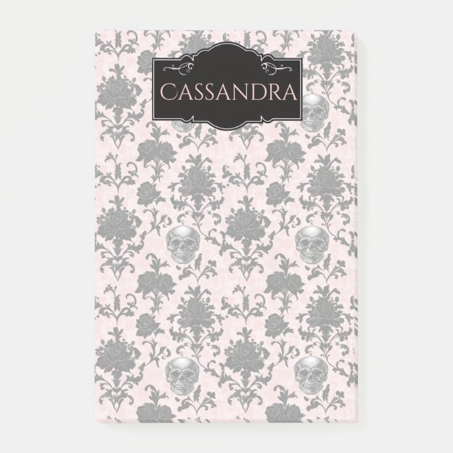 Pink and Black Goth Skulls and Roses Personalized  Post-it Klebezettel (Vorderseite)