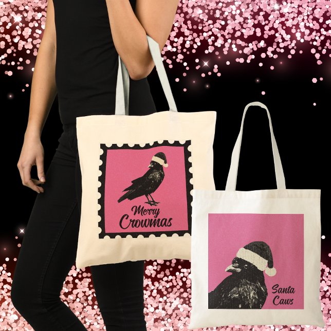 Pink and Black Gothic Crow Merry Crowmas Holiday Tragetasche (Cute pink & black Christmas tote with crow wearing a Santa hat. Merry Crowmas to all from Santa Caws)