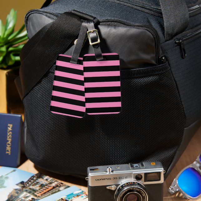 Pink and Black Stripes Luggage Tag Gepäckanhänger (Vorderseite & Rückseite)