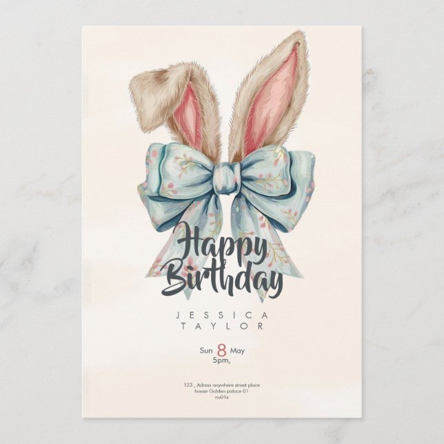 Pink and blue Bunny bow Birthday invitation Einladung (Vorderseite)