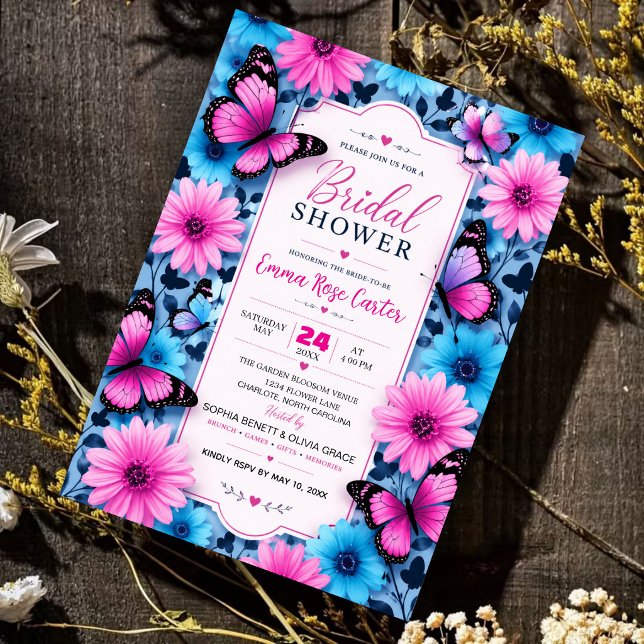 Pink and Blue Butterfly Bridal Shower Invitation Einladung (Von Creator hochgeladen)