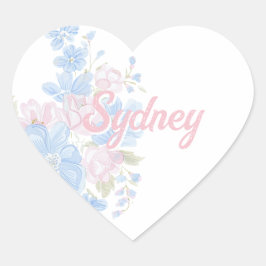 Pink and Blue Floral Grandmillennial | Name Herz-Aufkleber