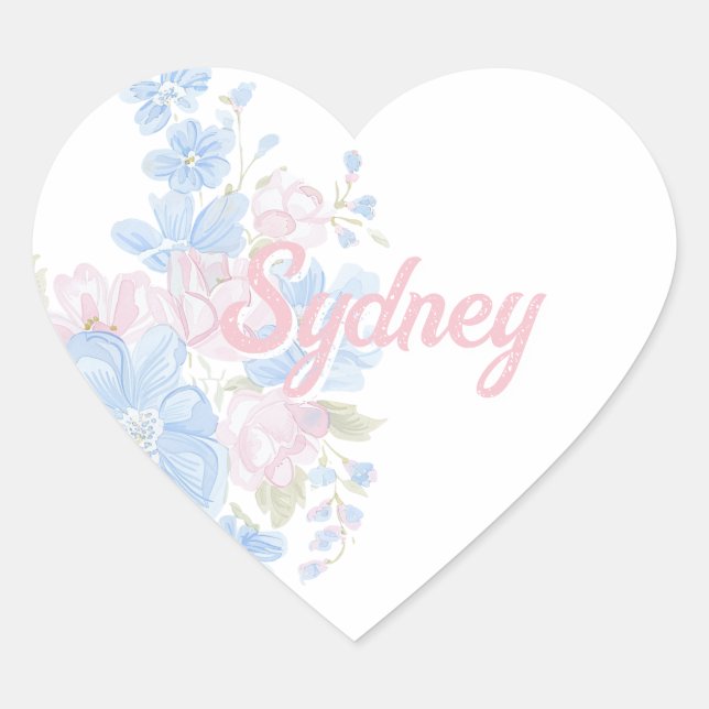 Pink and Blue Floral Grandmillennial | Name Herz-Aufkleber (Vorderseite)