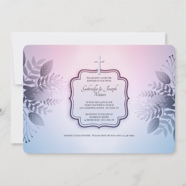 Pink and Blue Foliage Invitation religieuse (Devant)