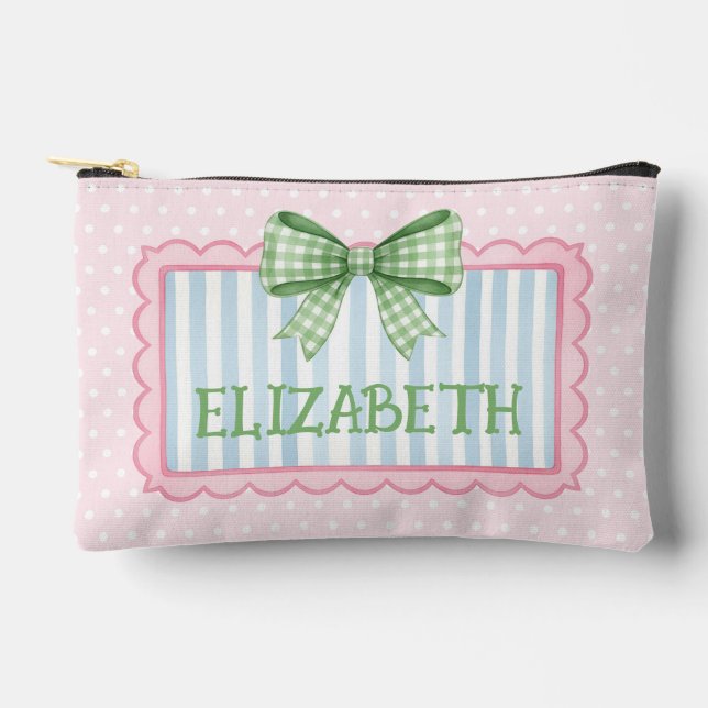 Pink and Blue Frame Green Gingham Bow Zubehörtasche (Vorderseite)