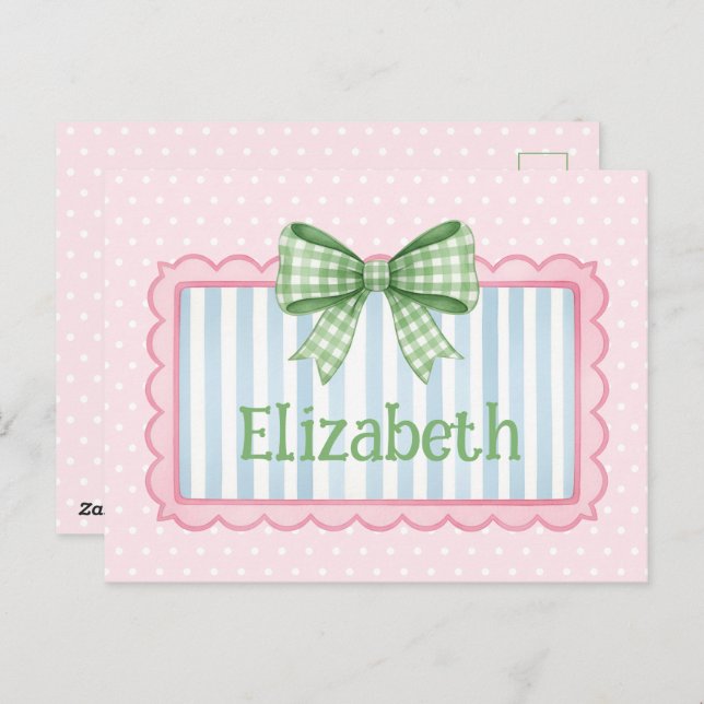Pink and Blue Frame With Green Gingham Bow Postkarte (Vorne/Hinten)