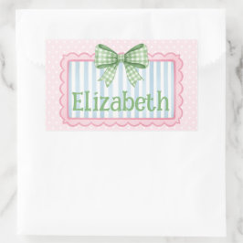 Pink and Blue Frame With Green Gingham Bow Rechteckiger Aufkleber