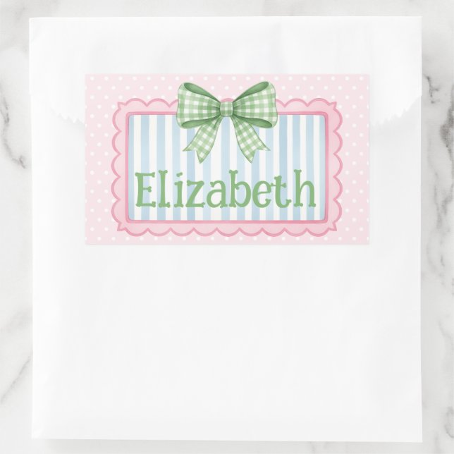 Pink and Blue Frame With Green Gingham Bow Rechteckiger Aufkleber (Tasche)