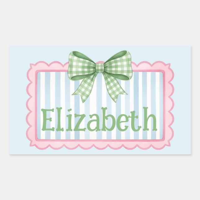 Pink and Blue Frame With Green Gingham Bow Rechteckiger Aufkleber (Vorderseite)