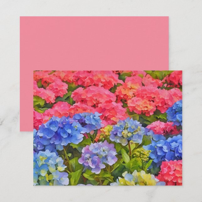 Pink and Blue Hydrangea Flowers Note Card Set Mitteilungskarte (Vorne/Hinten)