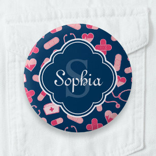 Pink and Blue Nurse Pattern with Monogram Button