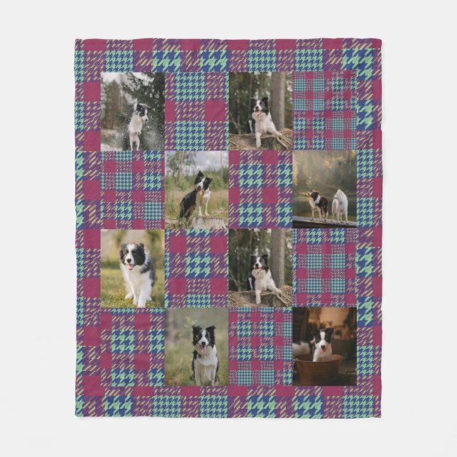 Pink and Blue Teal Plaid 8 Photo Collage Fleecedecke (Vorderseite)
