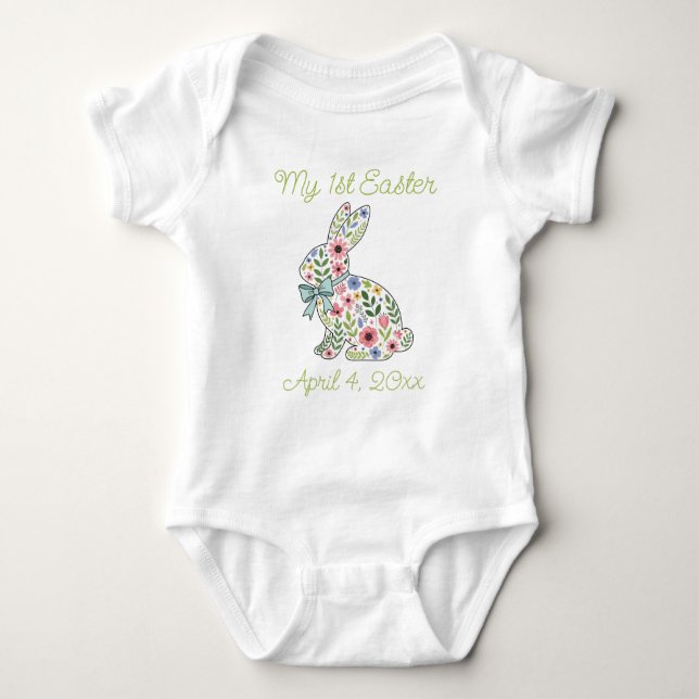 Pink and Blue Wildflower Easter Rabbit Baby Strampler (Vorderseite)
