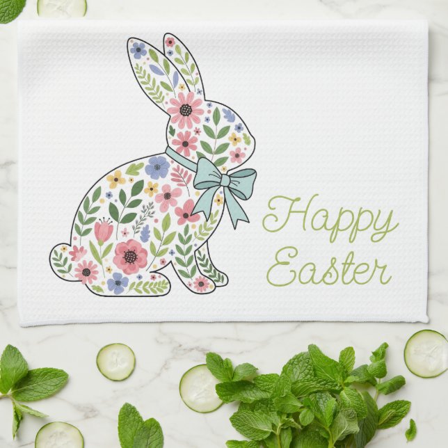 Pink and Blue Wildflower Easter Rabbit Geschirrtuch (Gefaltet)