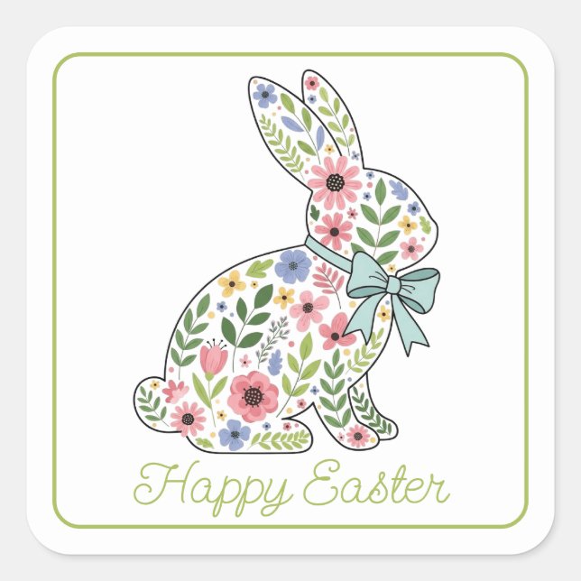 Pink and Blue Wildflower Easter Rabbit Quadratischer Aufkleber (Vorderseite)