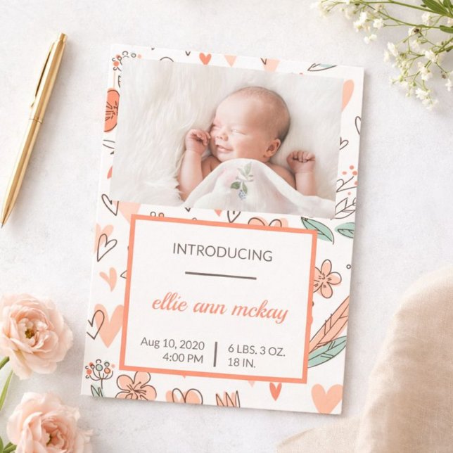 Pink and Brown Floral Heart Faire-part bébé (Créateur téléchargé)