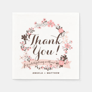 Pink and Brown Floral Wreath Wedding Vielen Dank Serviette