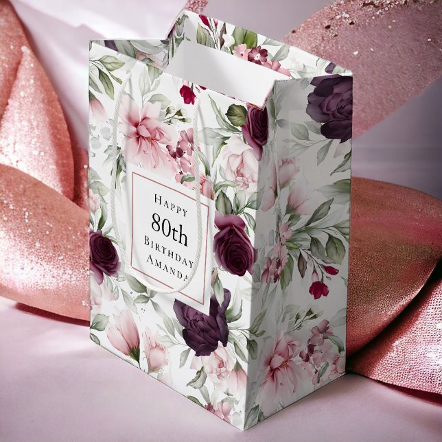 Pink and Burgundy Floral 80th Birthday Mittlere Geschenktüte (Von Creator hochgeladen)