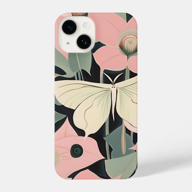 Pink and Cream - Luna Moth and Moonflowers   iPhone 14 Hülle (Rückseite)