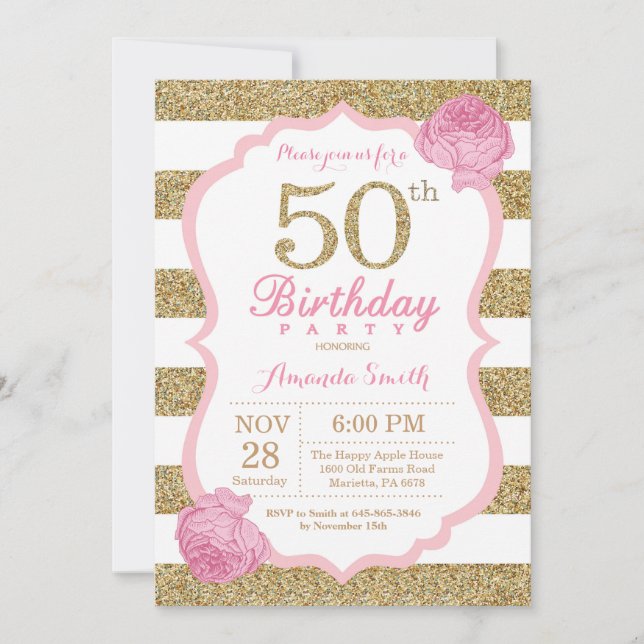 Pink and Gold 50th Birthday Invitation Floral (Devant)