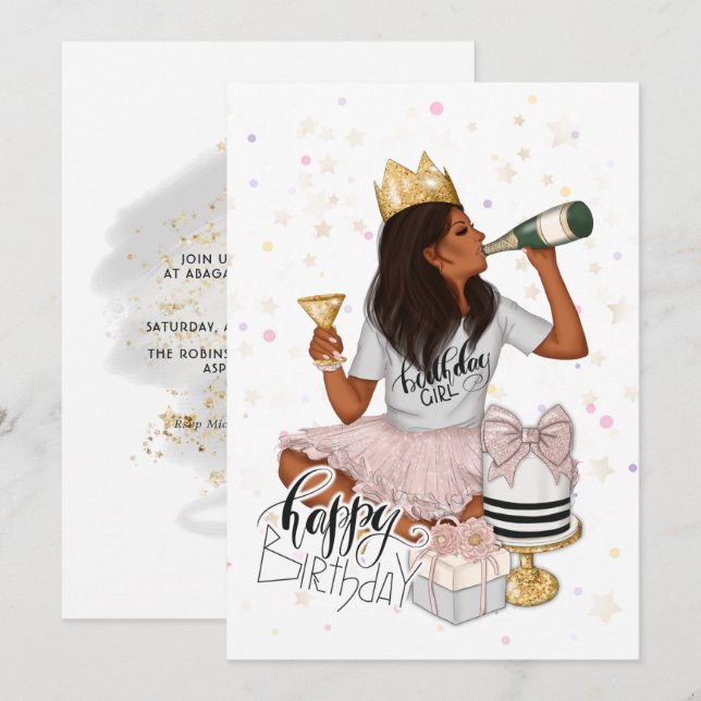 Pink and Gold African American Girl Birthday Party Einladung (Vorne/Hinten)