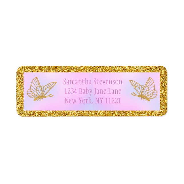 Pink and Gold Butterfly Baby Dusche Rücksendeadres (Vorne)