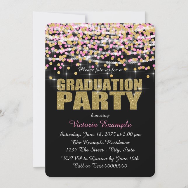 Pink and Gold Confetti Graduation Party Einladung (Vorderseite)