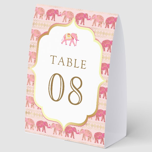 Pink and Gold Elephant Indian Wedding Table Number Tischaufsteller (Vorderseite)