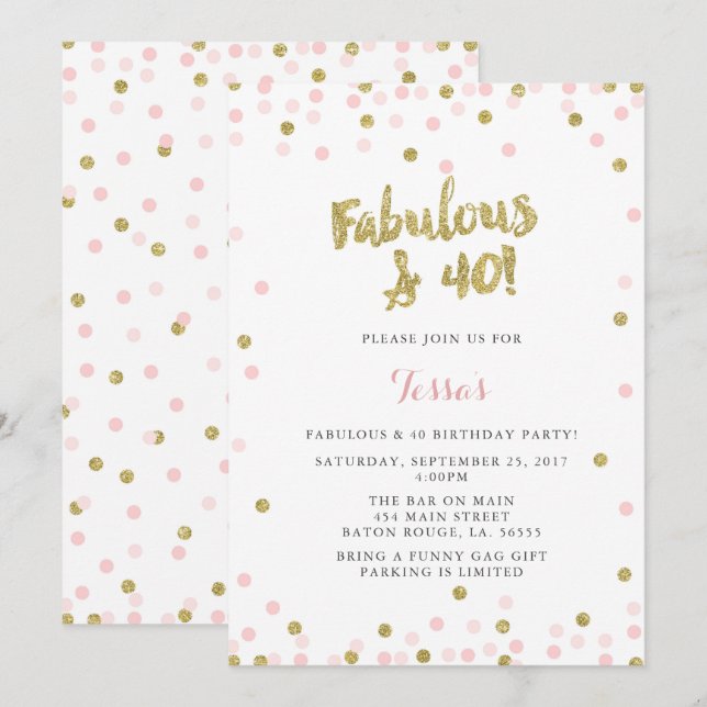 Pink and Gold Fabulous & 40 Anniversday Invitation (Devant / Derrière)
