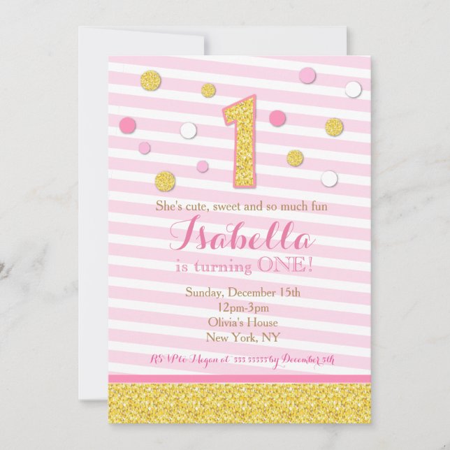Pink and Gold First Birthday Party Invitations (Devant)