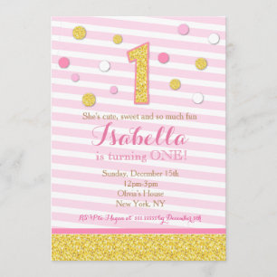 Pink and Gold First Birthday Party Invitations