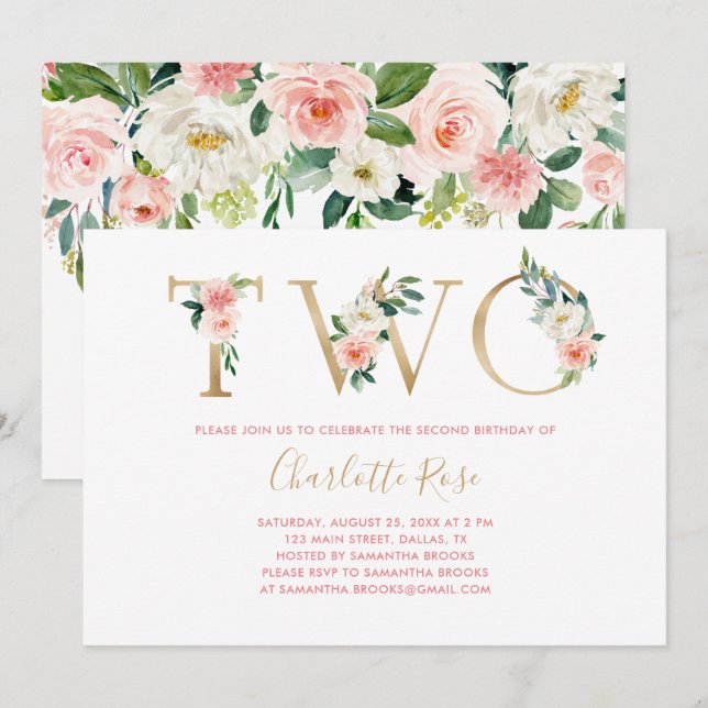 Pink And Gold Floral Invitation de fête du 2e anni (Devant / Derrière)