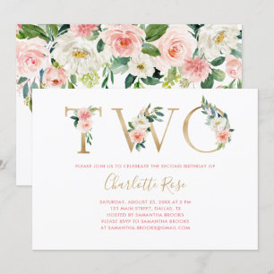 Pink And Gold Floral Invitation de fête du 2e anni
