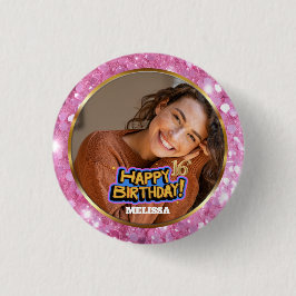 Pink and Gold Glitter Photo Name 16th Birthday Button