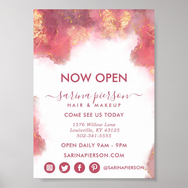 Pink And Gold Modern Art Liquid Ink Business Poster (Vorne)