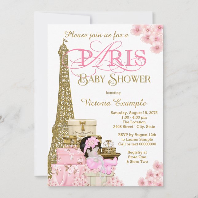 Pink and Gold Paris Baby Shower Invitations (Devant)
