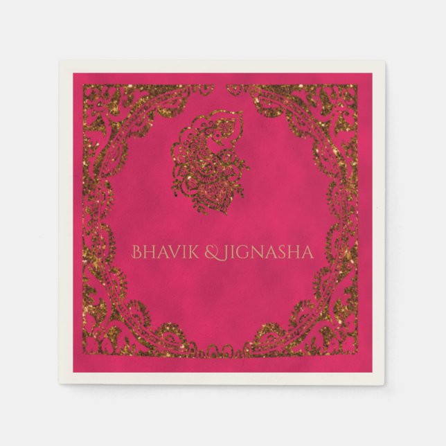 Pink and Gold Peacock Indian Wedkin Napkin Serviette (Vorderseite)