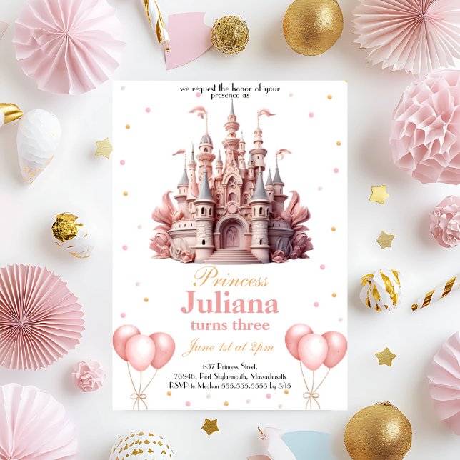 Pink and Gold Princess Castle Invitation Anniversa (Créateur téléchargé)