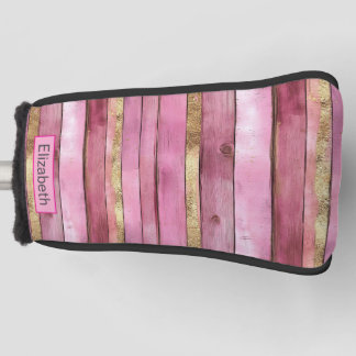 Pink and Gold Rustic Faux Wood Personalized Golf Headcover