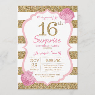 Pink and Gold Surprise 16e anniversaire Invitation