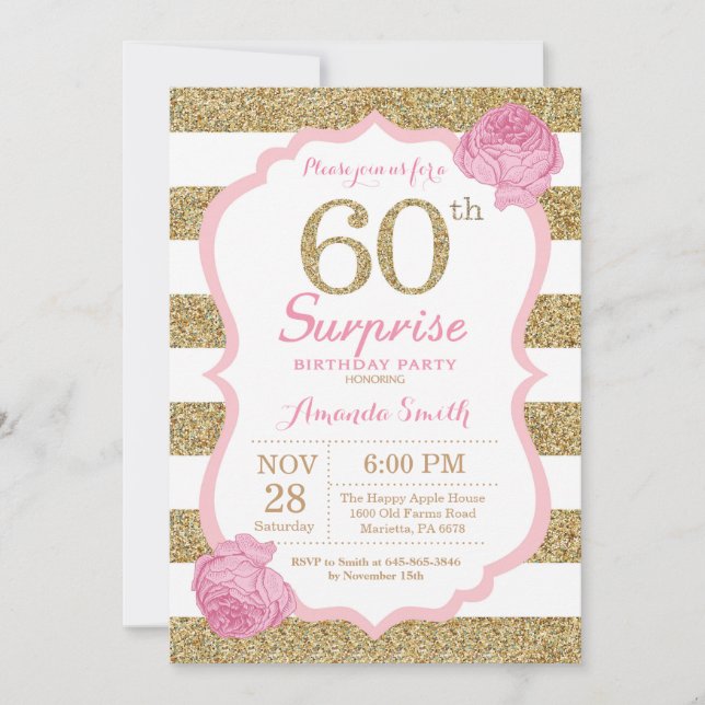 Pink and Gold Surprise 60e anniversaire Invitation (Devant)